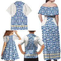 Malta Family Matching Off Shoulder Maxi Dress and Hawaiian Shirt with Blue White Tile Design and Maltese Cross Pattern - Wonder Print Shop