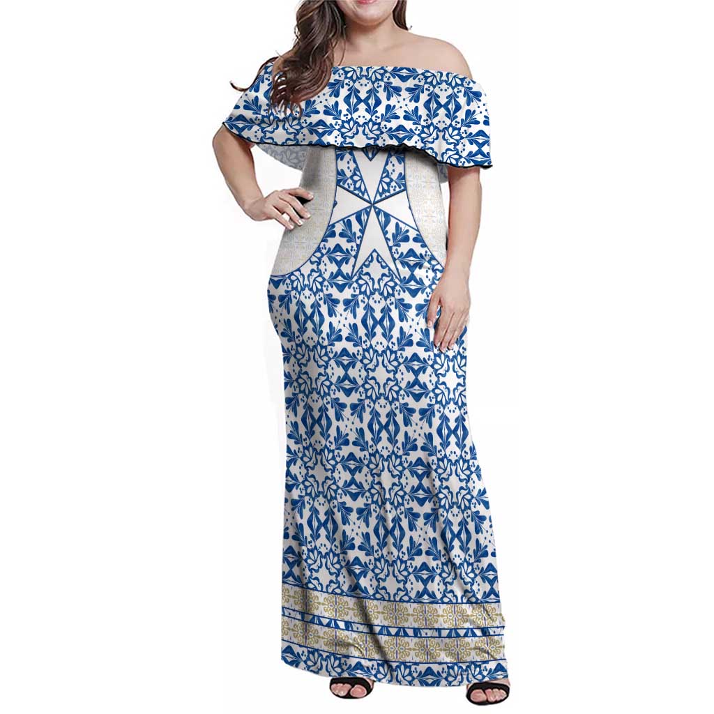 Malta Family Matching Off Shoulder Maxi Dress and Hawaiian Shirt with Blue White Tile Design and Maltese Cross Pattern - Wonder Print Shop