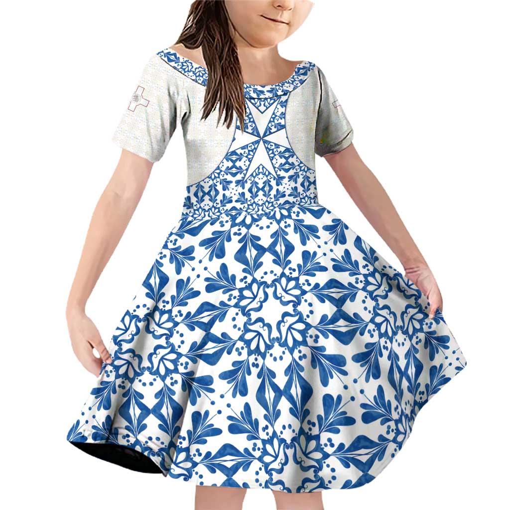 Malta Family Matching Off Shoulder Short Dress and Hawaiian Shirt with Blue White Tile Design and Maltese Cross Pattern - Wonder Print Shop