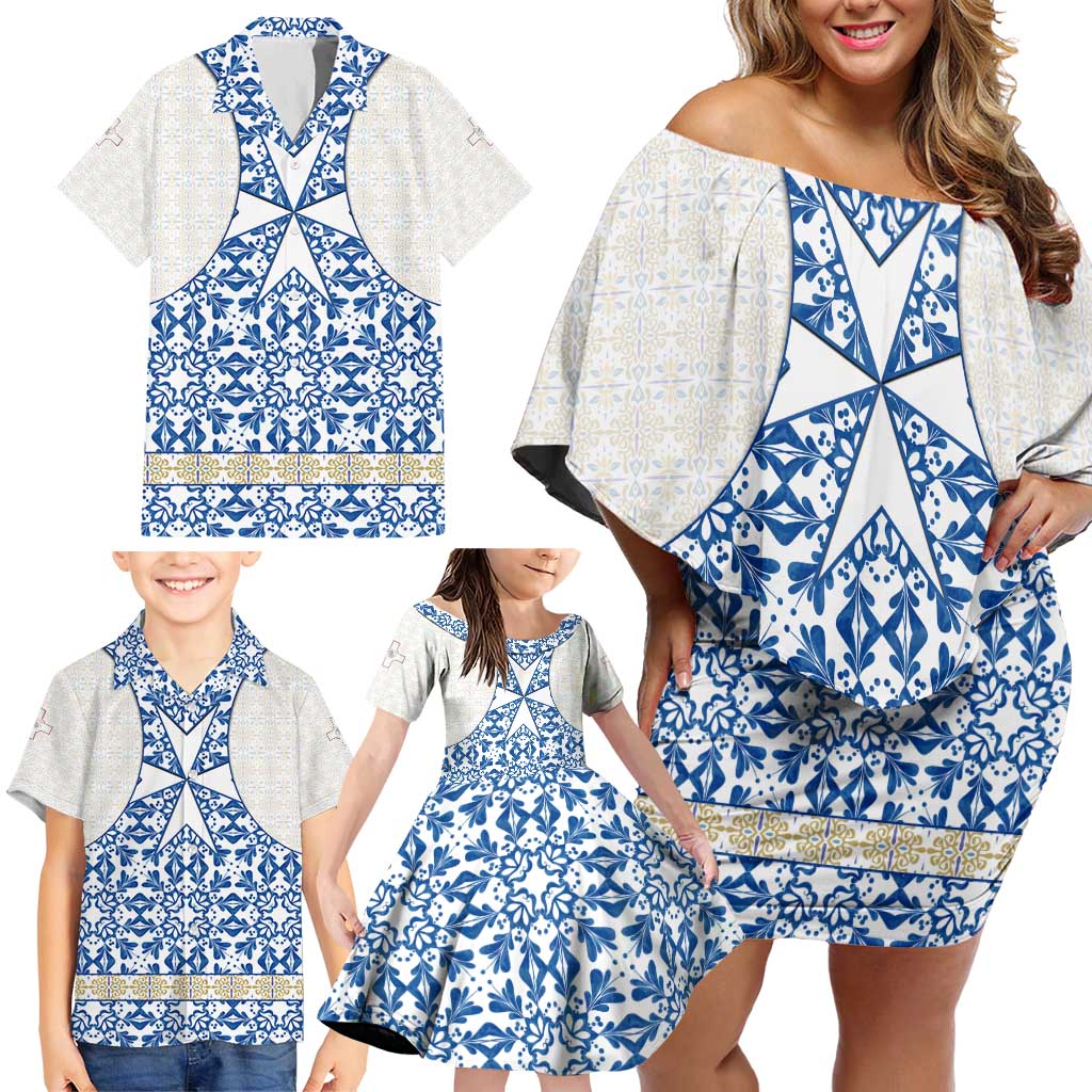 Malta Family Matching Off Shoulder Short Dress and Hawaiian Shirt with Blue White Tile Design and Maltese Cross Pattern - Wonder Print Shop