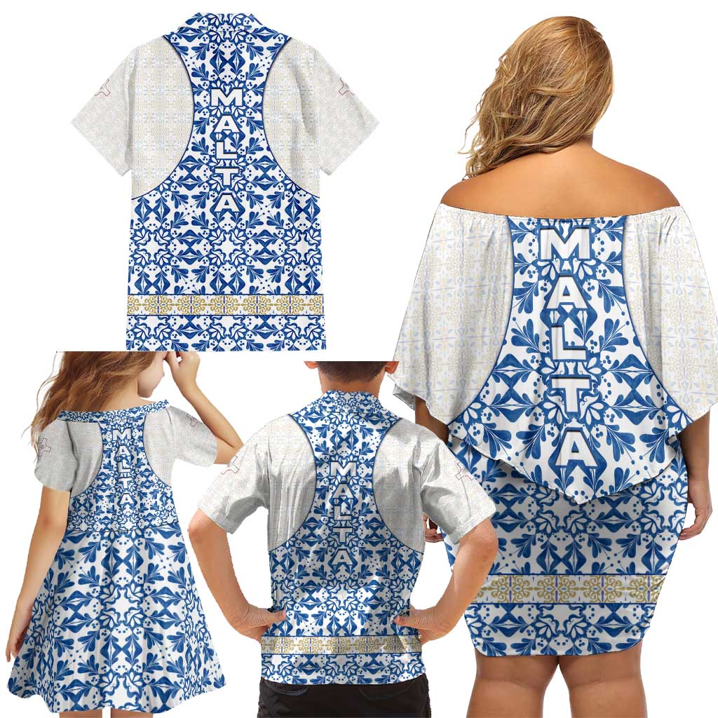 Malta Family Matching Off Shoulder Short Dress and Hawaiian Shirt with Blue White Tile Design and Maltese Cross Pattern - Wonder Print Shop