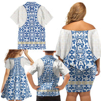 Malta Family Matching Off Shoulder Short Dress and Hawaiian Shirt with Blue White Tile Design and Maltese Cross Pattern - Wonder Print Shop