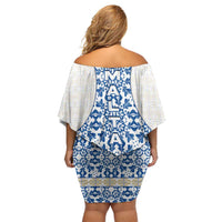 Malta Family Matching Off Shoulder Short Dress and Hawaiian Shirt with Blue White Tile Design and Maltese Cross Pattern - Wonder Print Shop