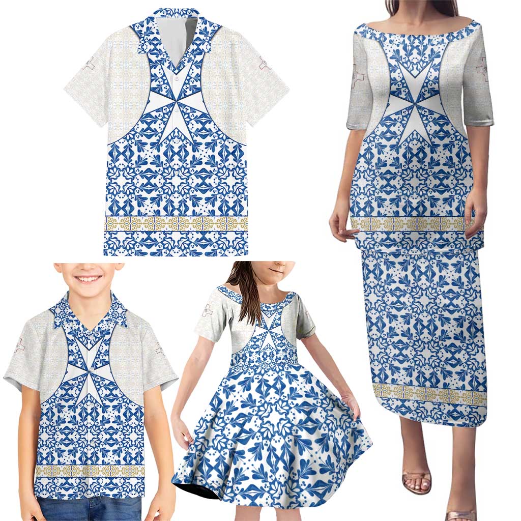 Malta Family Matching Puletasi and Hawaiian Shirt with Blue White Tile Design and Maltese Cross Pattern - Wonder Print Shop