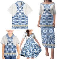 Malta Family Matching Puletasi and Hawaiian Shirt with Blue White Tile Design and Maltese Cross Pattern - Wonder Print Shop