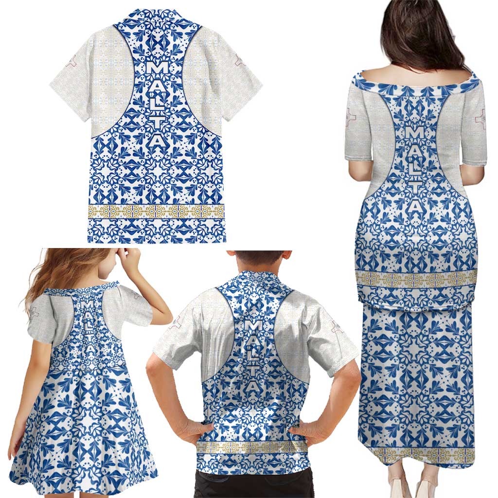 Malta Family Matching Puletasi and Hawaiian Shirt with Blue White Tile Design and Maltese Cross Pattern - Wonder Print Shop