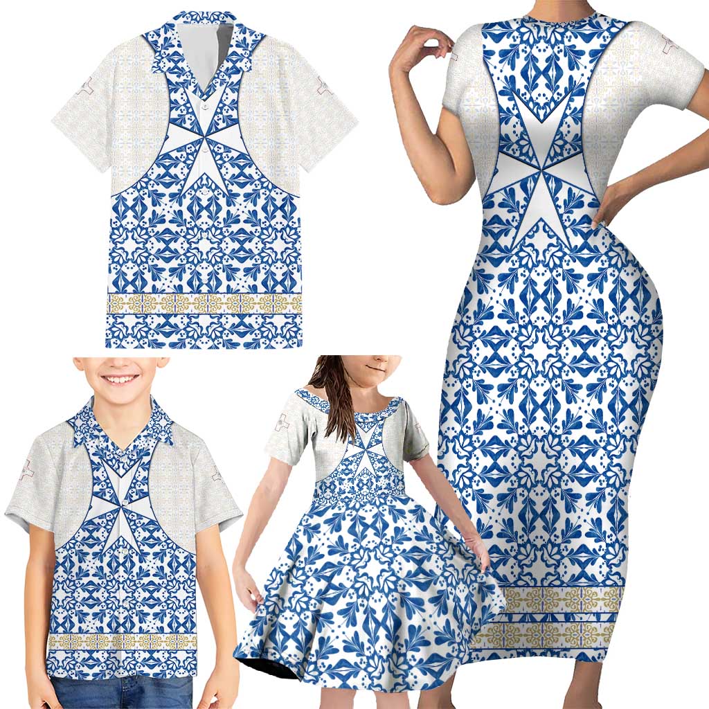 Malta Family Matching Short Sleeve Bodycon Dress and Hawaiian Shirt with Blue White Tile Design and Maltese Cross Pattern - Wonder Print Shop