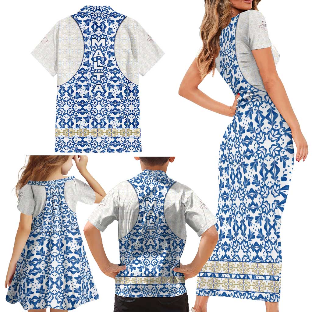 Malta Family Matching Short Sleeve Bodycon Dress and Hawaiian Shirt with Blue White Tile Design and Maltese Cross Pattern - Wonder Print Shop