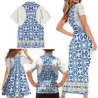 Malta Family Matching Short Sleeve Bodycon Dress and Hawaiian Shirt with Blue White Tile Design and Maltese Cross Pattern - Wonder Print Shop