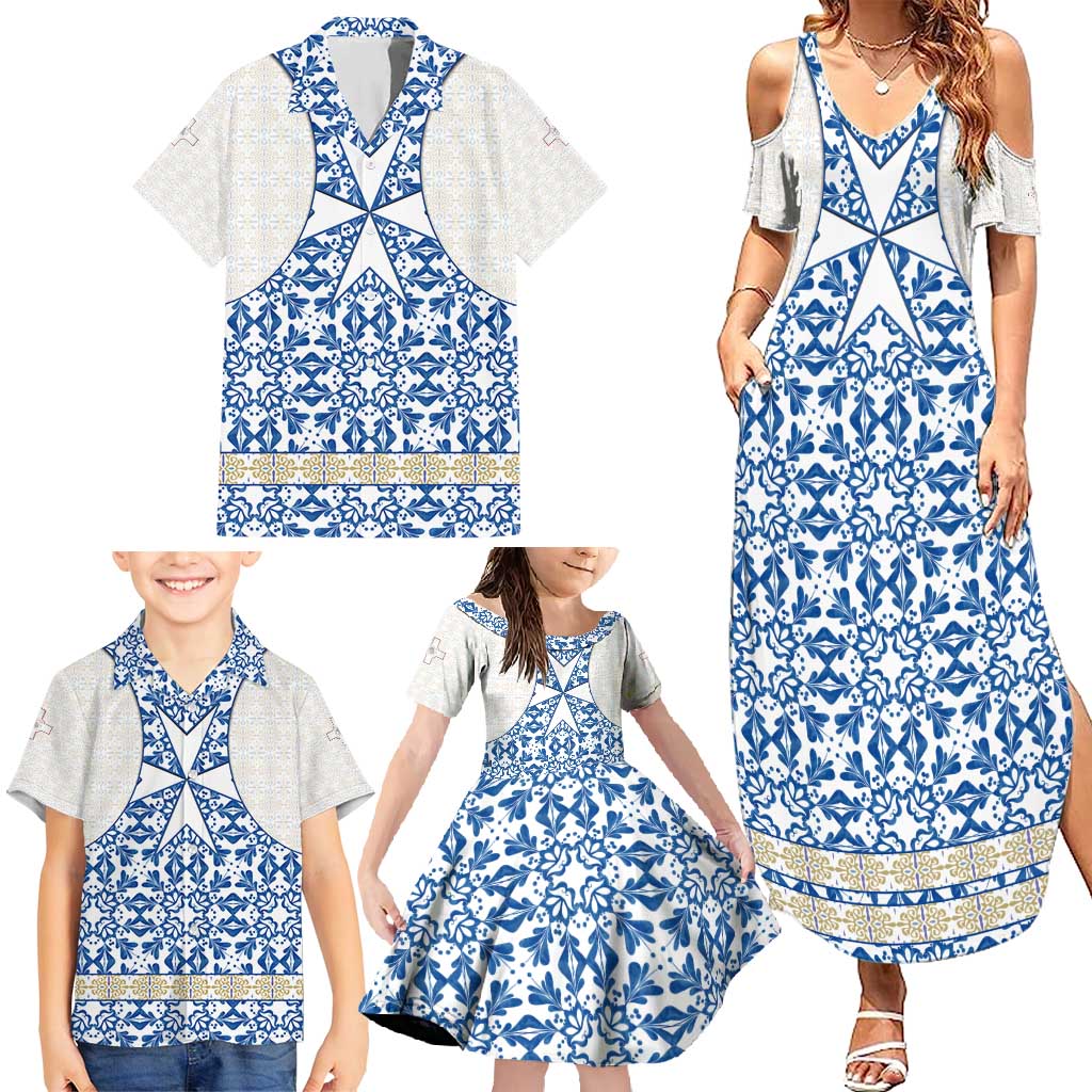 Malta Family Matching Summer Maxi Dress and Hawaiian Shirt with Blue White Tile Design and Maltese Cross Pattern - Wonder Print Shop