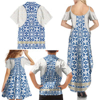 Malta Family Matching Summer Maxi Dress and Hawaiian Shirt with Blue White Tile Design and Maltese Cross Pattern - Wonder Print Shop