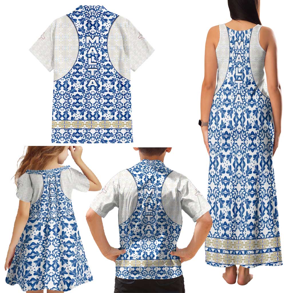Malta Family Matching Tank Maxi Dress and Hawaiian Shirt with Blue White Tile Design and Maltese Cross Pattern - Wonder Print Shop