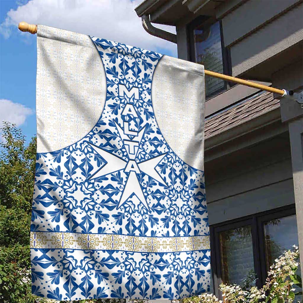 Malta Garden Flag with Blue White Tile Design and Maltese Cross Pattern - Wonder Print Shop