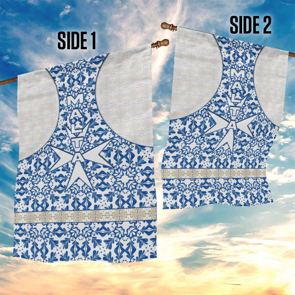 Malta Garden Flag with Blue White Tile Design and Maltese Cross Pattern - Wonder Print Shop