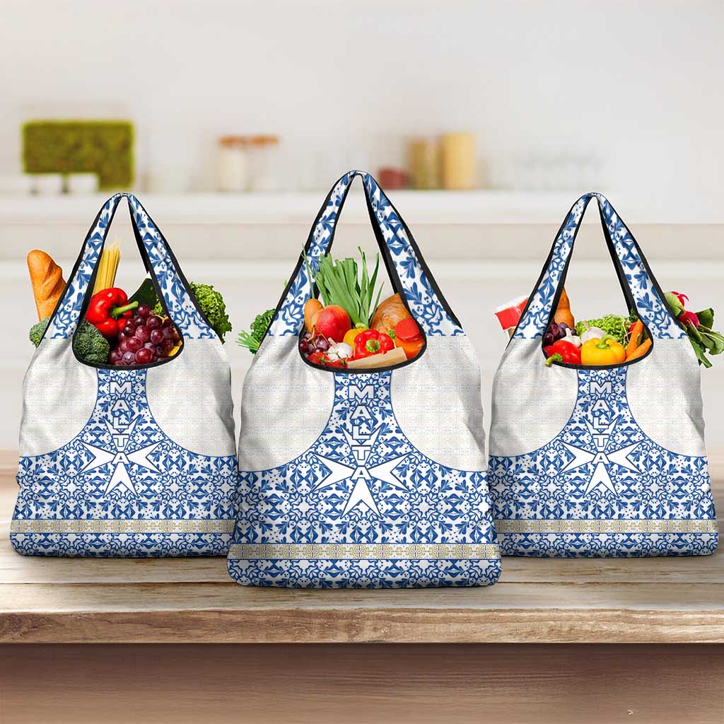 Malta Grocery Bag with Blue White Tile Design and Maltese Cross Pattern - Wonder Print Shop