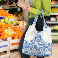 Malta Grocery Bag with Blue White Tile Design and Maltese Cross Pattern - Wonder Print Shop
