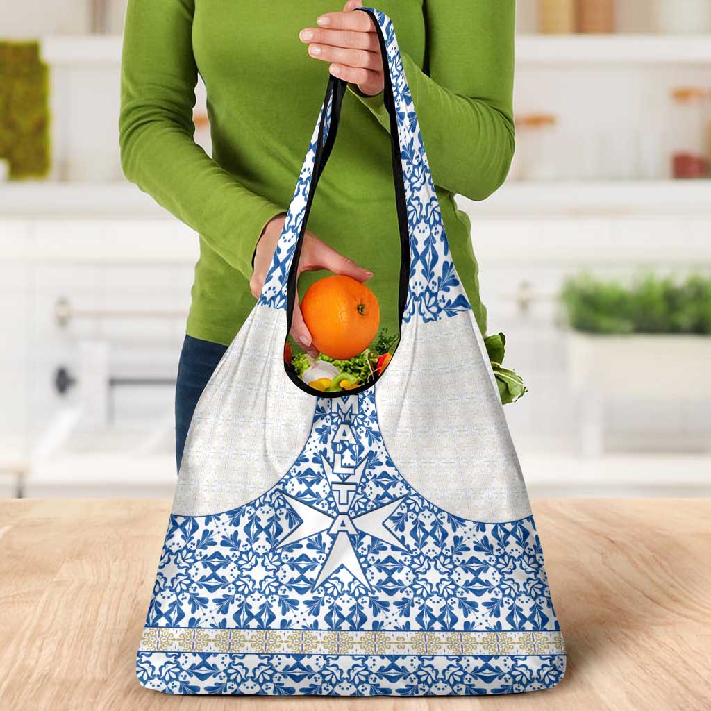 Malta Grocery Bag with Blue White Tile Design and Maltese Cross Pattern - Wonder Print Shop