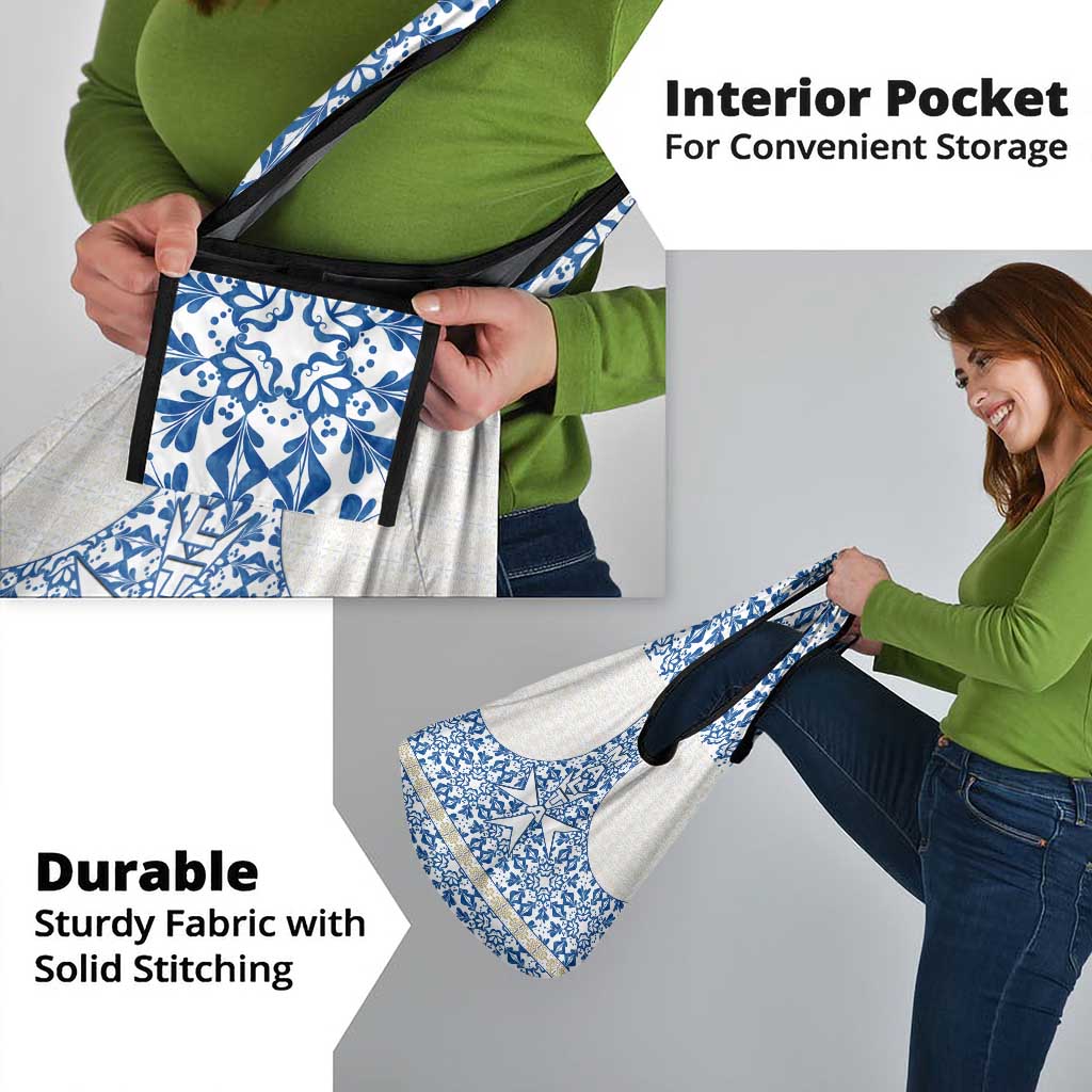 Malta Grocery Bag with Blue White Tile Design and Maltese Cross Pattern - Wonder Print Shop