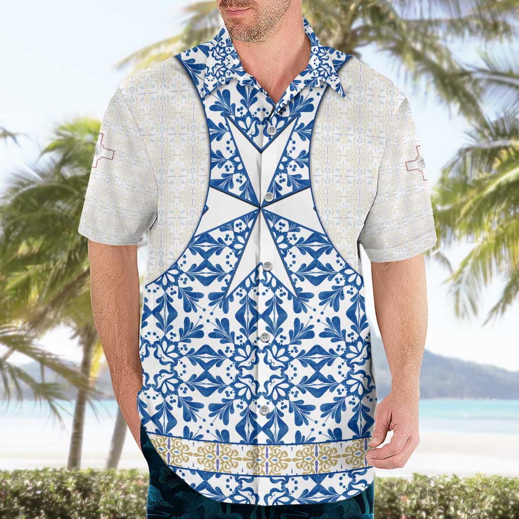 Malta Hawaiian Shirt with Blue White Tile Design and Maltese Cross Pattern - Wonder Print Shop