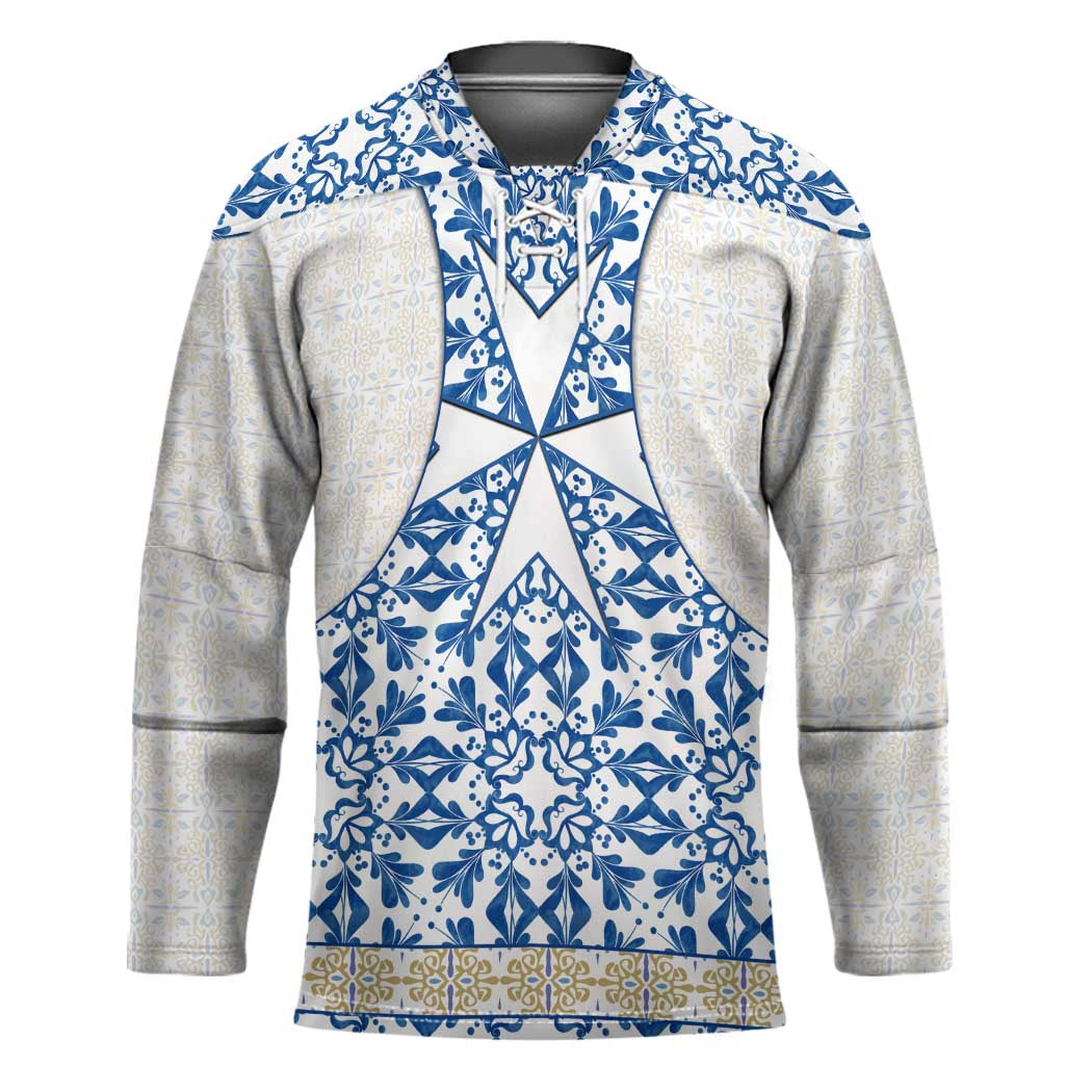Malta Hockey Jersey with Blue White Tile Design and Maltese Cross Pattern - Wonder Print Shop