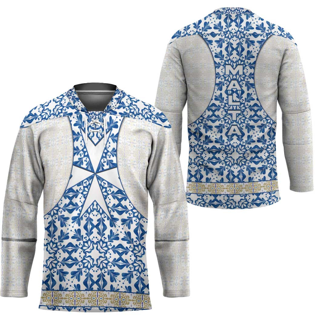 Malta Hockey Jersey with Blue White Tile Design and Maltese Cross Pattern - Wonder Print Shop