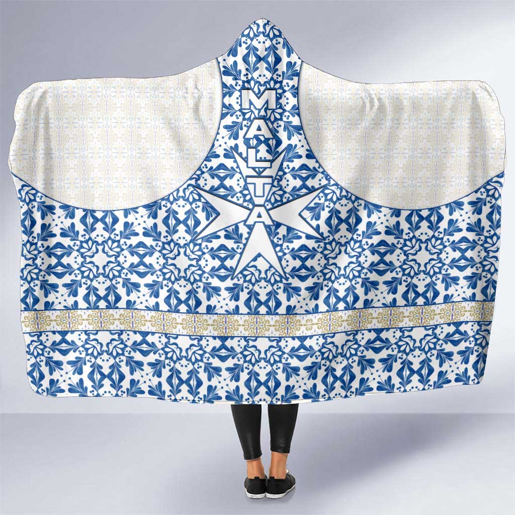 Malta Hooded Blanket with Blue White Tile Design and Maltese Cross Pattern - Wonder Print Shop