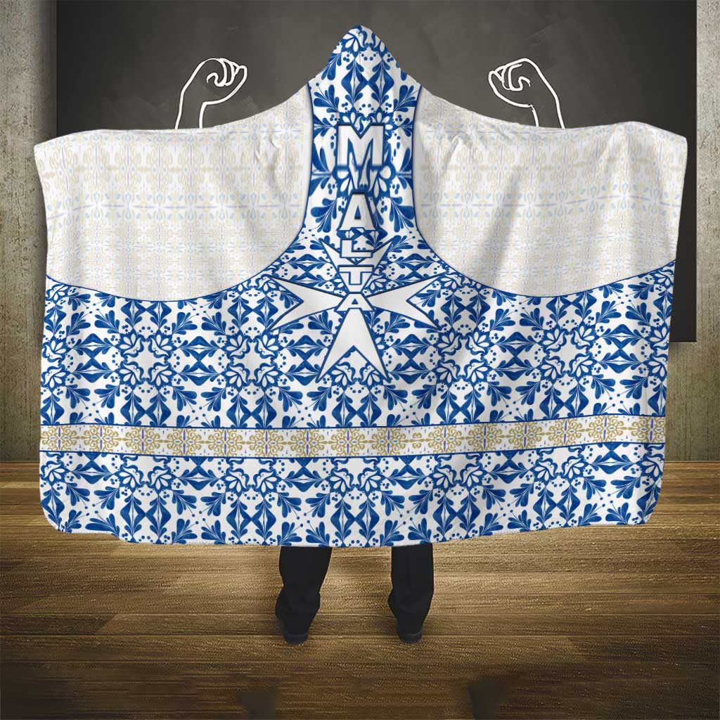 Malta Hooded Blanket with Blue White Tile Design and Maltese Cross Pattern - Wonder Print Shop