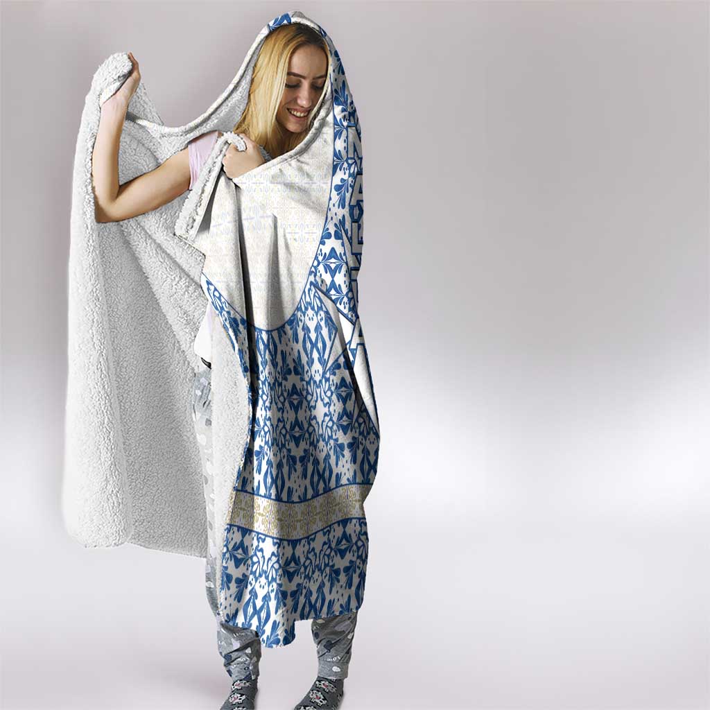Malta Hooded Blanket with Blue White Tile Design and Maltese Cross Pattern - Wonder Print Shop