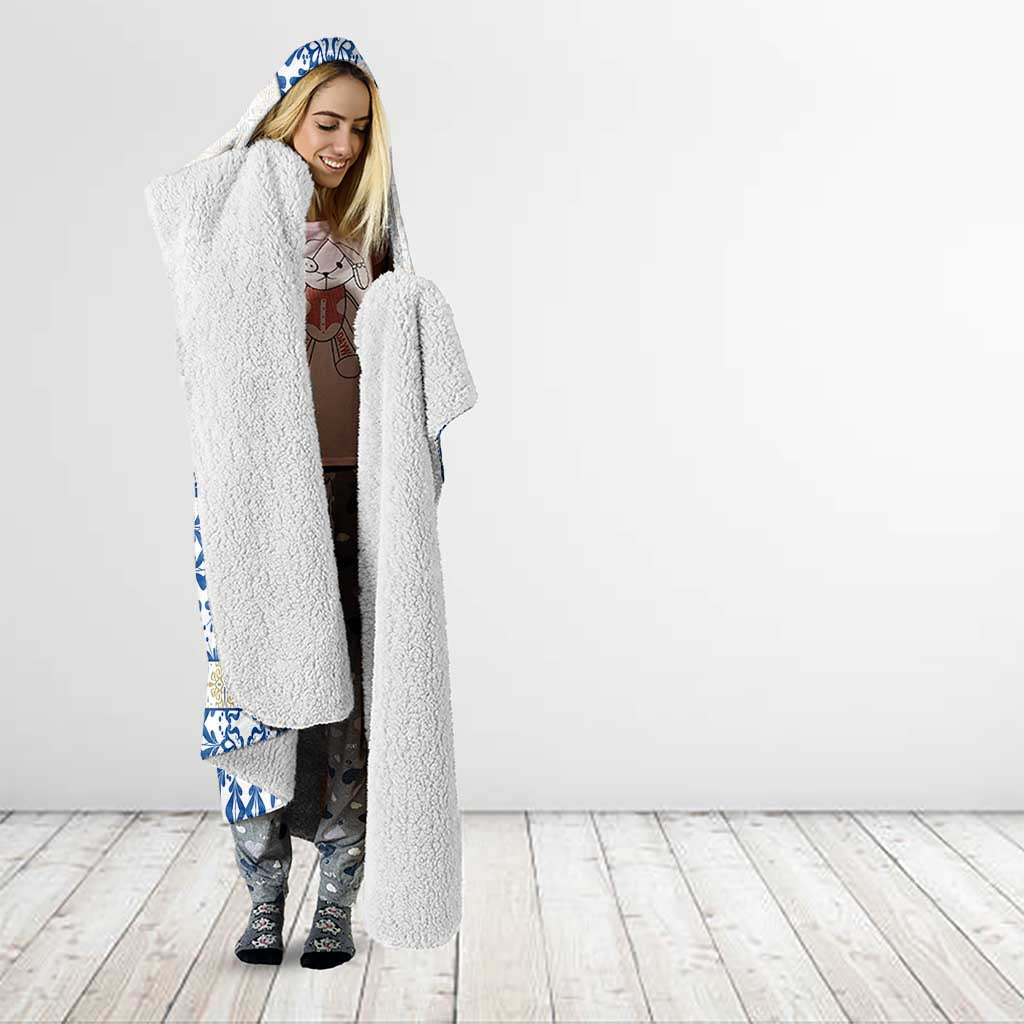 Malta Hooded Blanket with Blue White Tile Design and Maltese Cross Pattern - Wonder Print Shop