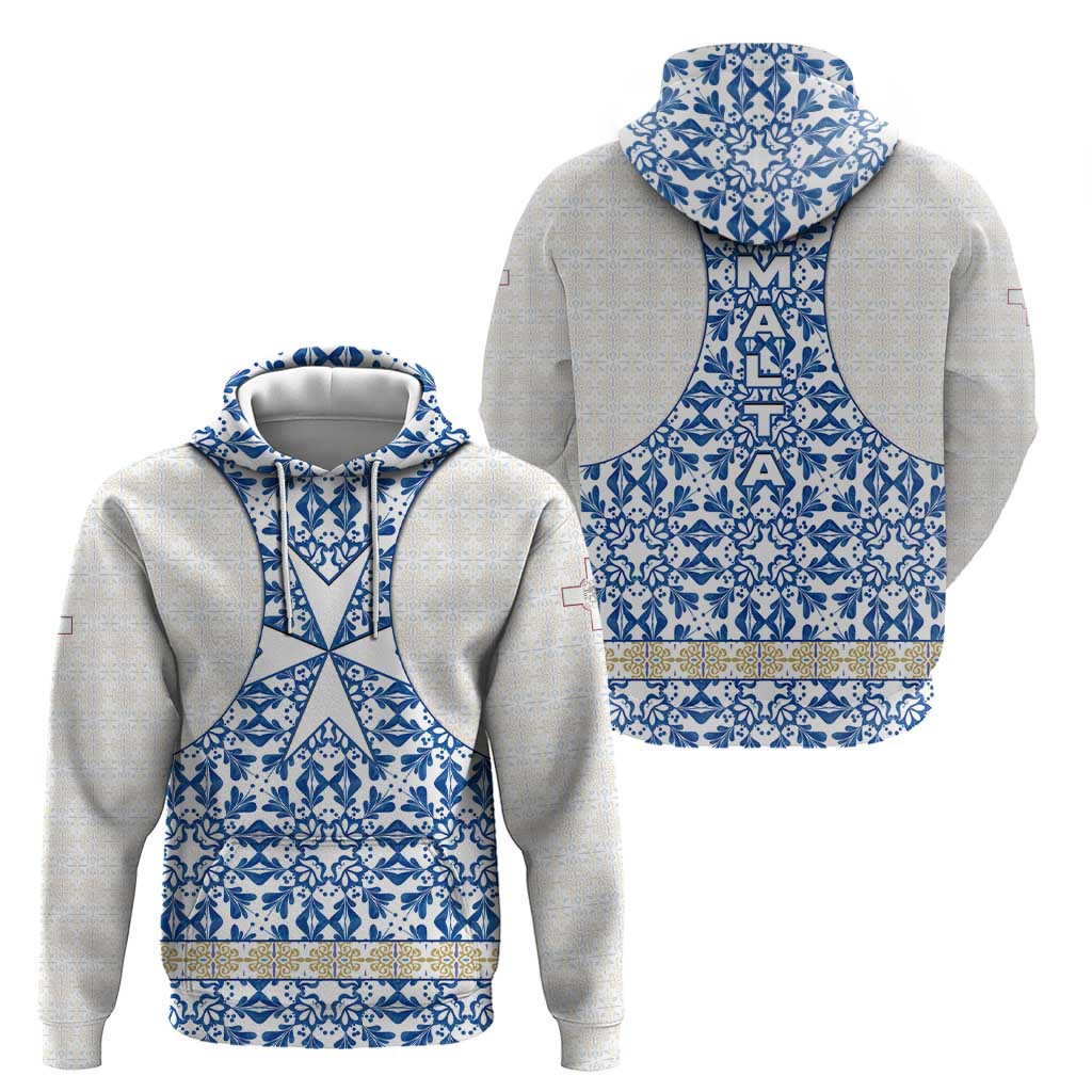 Malta Hoodie with Blue White Tile Design and Maltese Cross Pattern - Wonder Print Shop