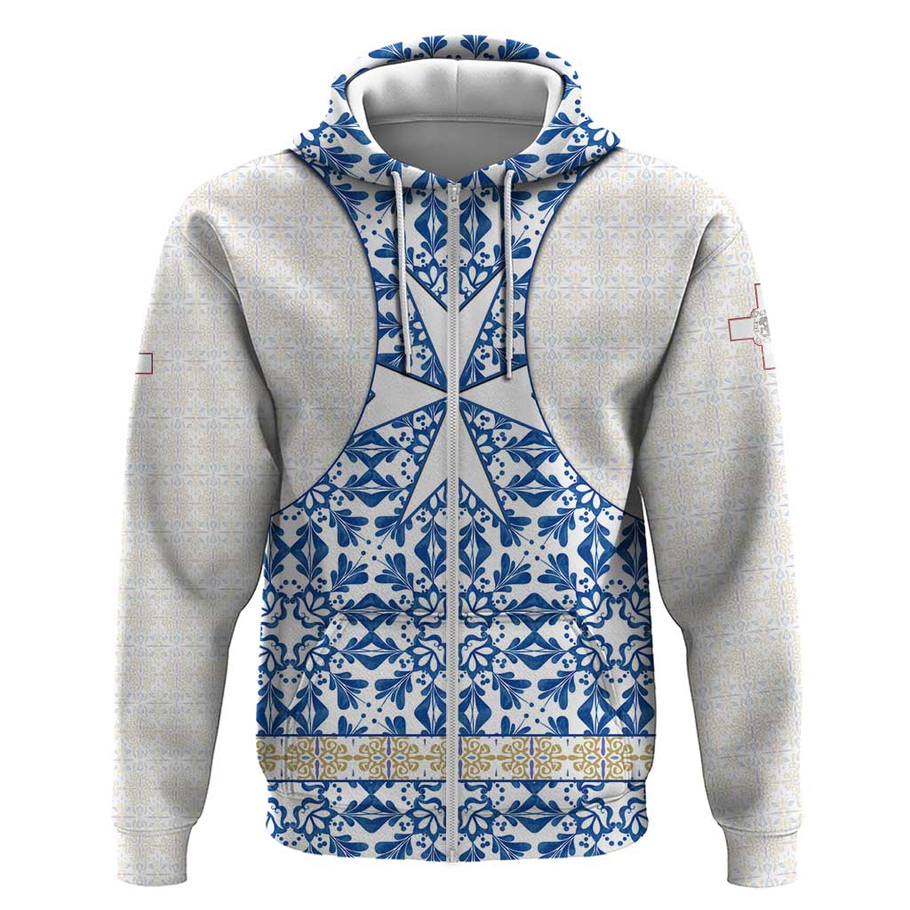 Malta Hoodie with Blue White Tile Design and Maltese Cross Pattern - Wonder Print Shop