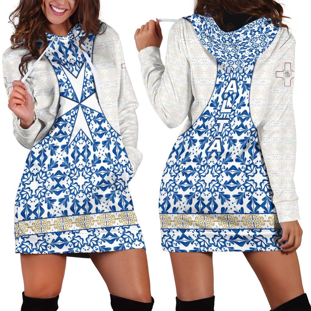 Malta Hoodie Dress with Blue White Tile Design and Maltese Cross Pattern - Wonder Print Shop
