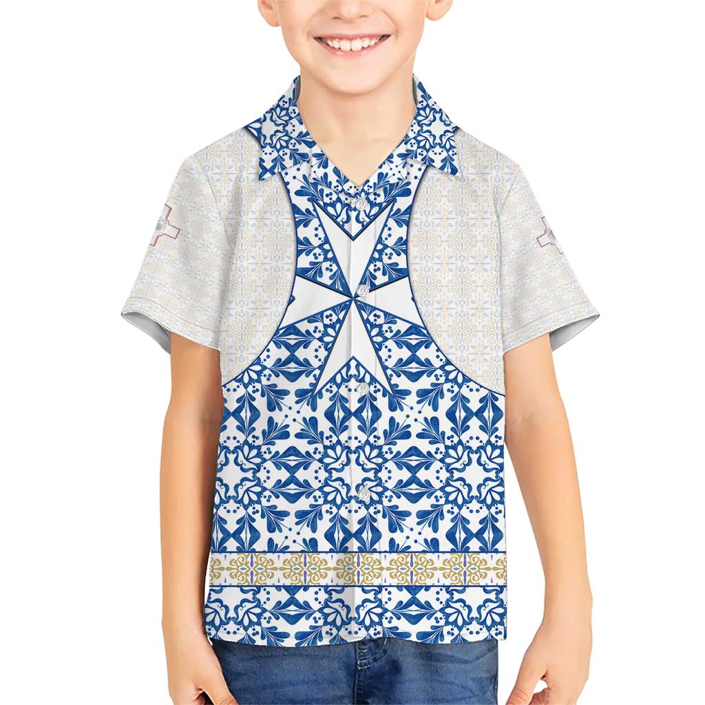 Malta Kid Hawaiian Shirt with Blue White Tile Design and Maltese Cross Pattern - Wonder Print Shop