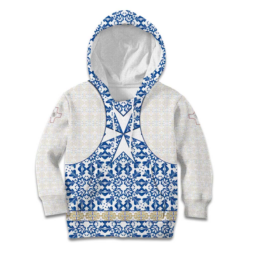 Malta Kid Hoodie with Blue White Tile Design and Maltese Cross Pattern - Wonder Print Shop