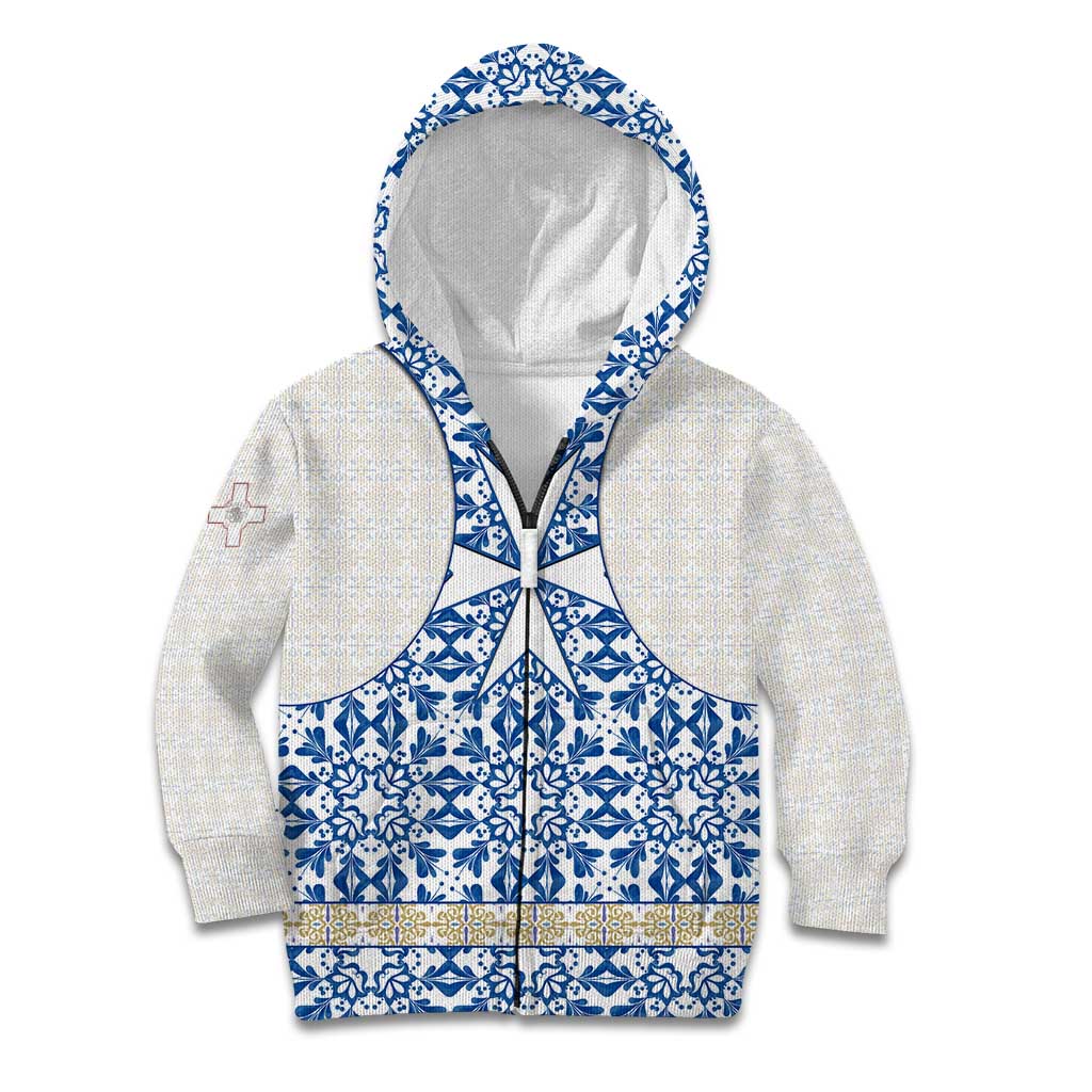 Malta Kid Hoodie with Blue White Tile Design and Maltese Cross Pattern - Wonder Print Shop