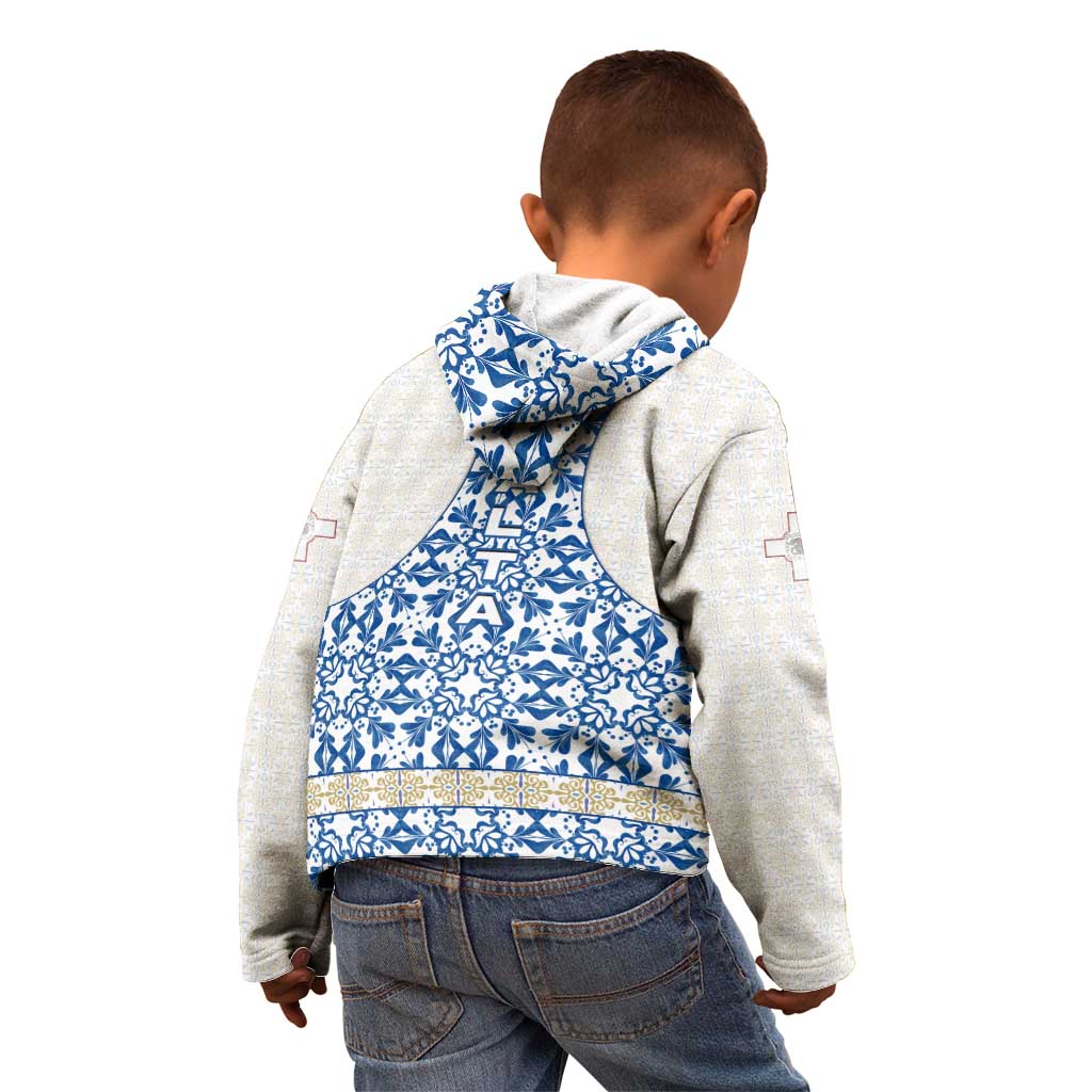 Malta Kid Hoodie with Blue White Tile Design and Maltese Cross Pattern - Wonder Print Shop