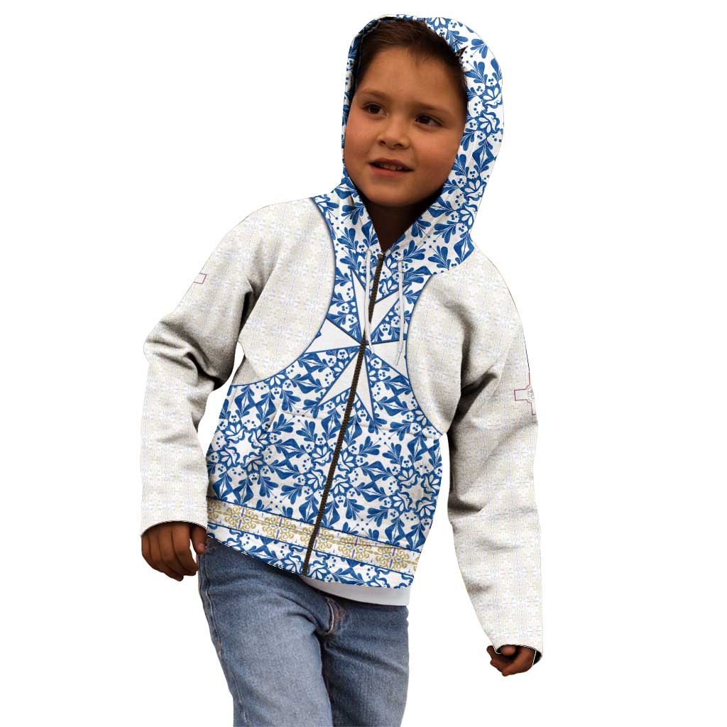 Malta Kid Hoodie with Blue White Tile Design and Maltese Cross Pattern - Wonder Print Shop
