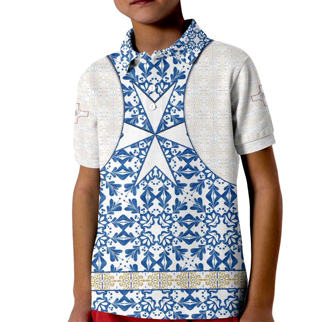 Malta Kid Polo Shirt with Blue White Tile Design and Maltese Cross Pattern - Wonder Print Shop