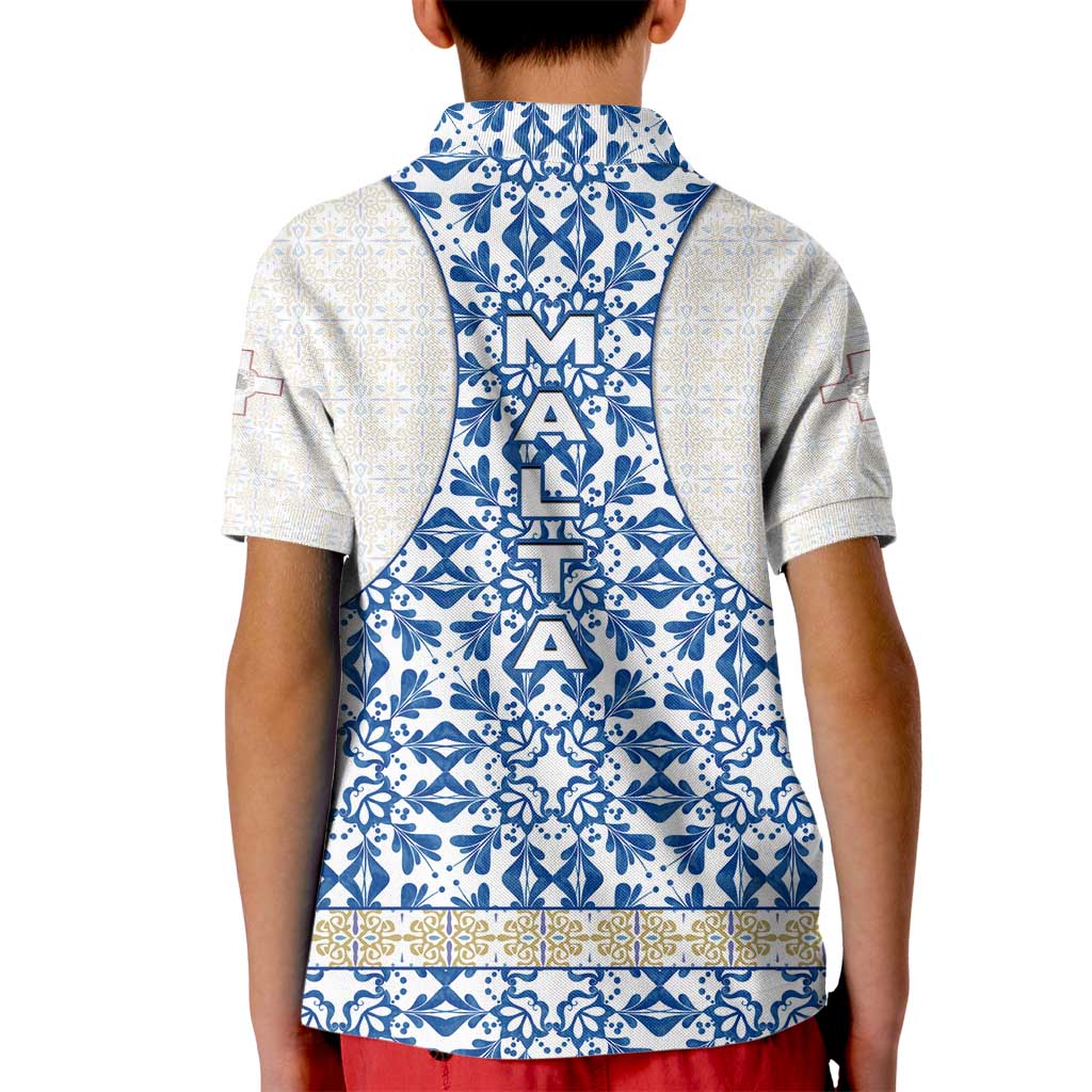 Malta Kid Polo Shirt with Blue White Tile Design and Maltese Cross Pattern - Wonder Print Shop