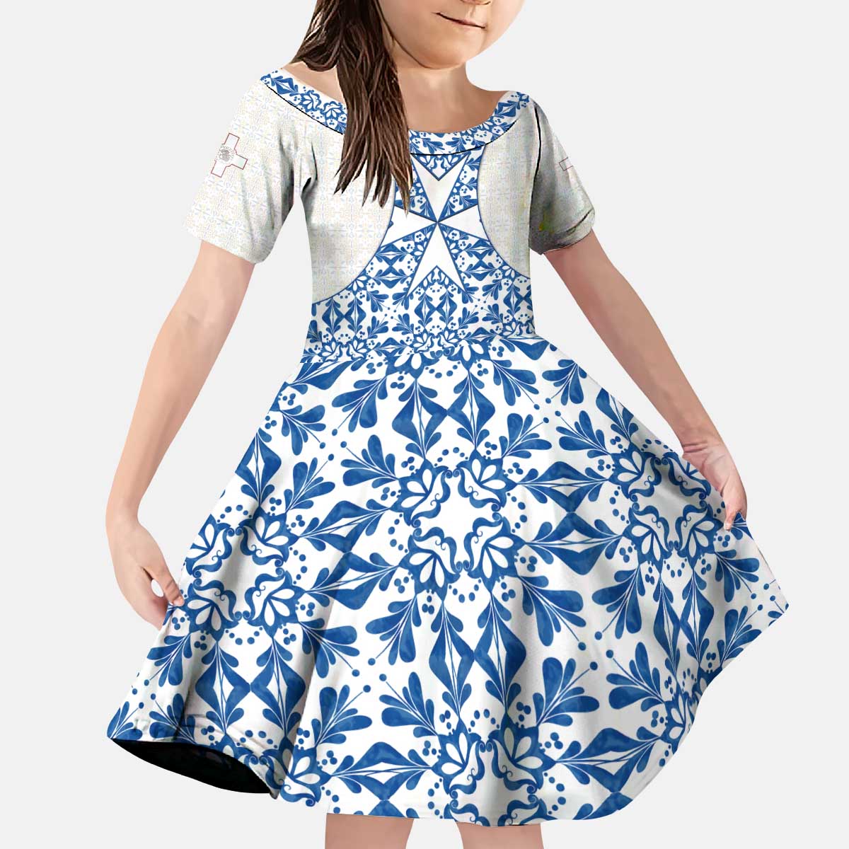 Malta Kid Short Sleeve Dress with Blue White Tile Design and Maltese Cross Pattern - Wonder Print Shop
