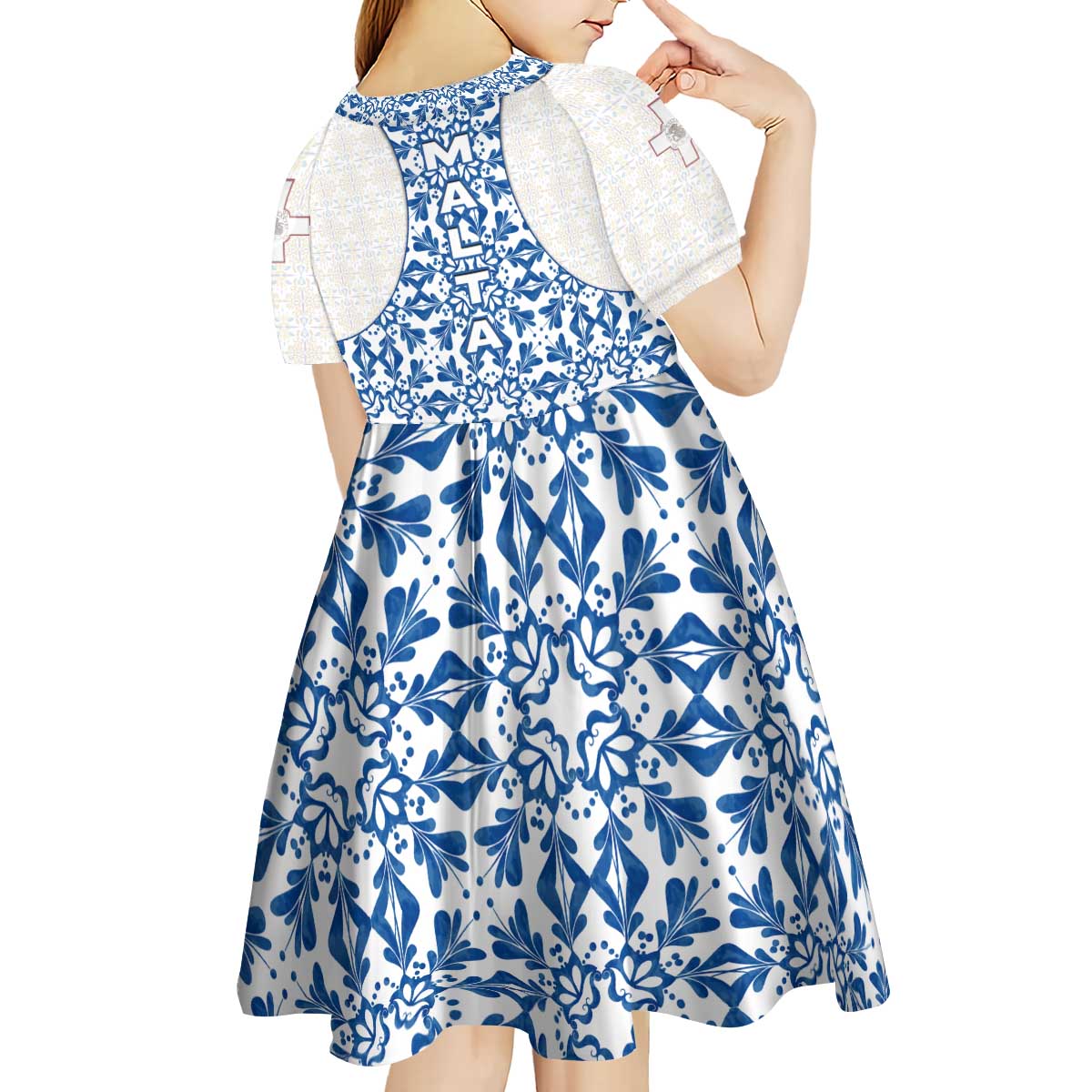 Malta Kid Short Sleeve Dress with Blue White Tile Design and Maltese Cross Pattern - Wonder Print Shop