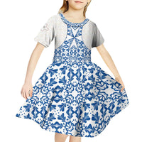 Malta Kid Short Sleeve Dress with Blue White Tile Design and Maltese Cross Pattern - Wonder Print Shop