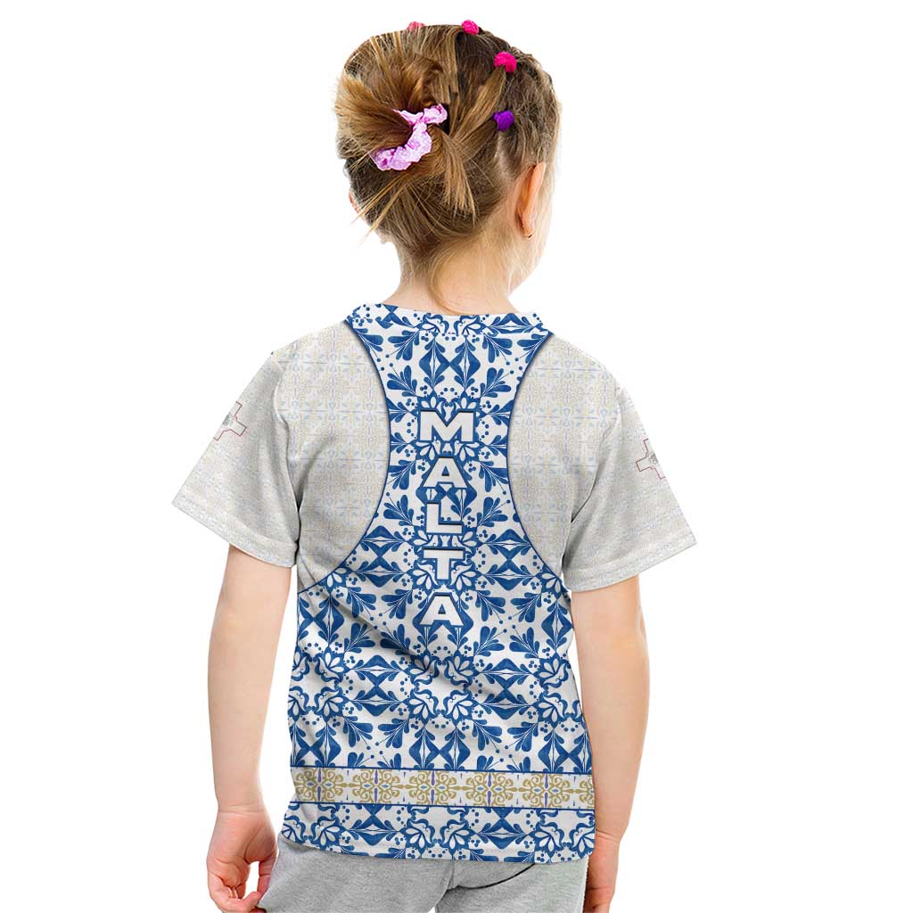 Malta Kid T Shirt with Blue White Tile Design and Maltese Cross Pattern - Wonder Print Shop