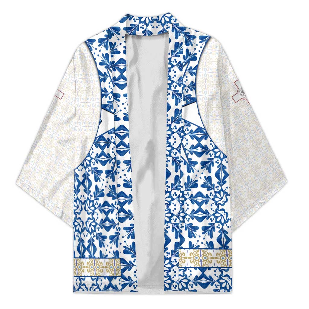 Malta Kimono with Blue White Tile Design and Maltese Cross Pattern - Wonder Print Shop