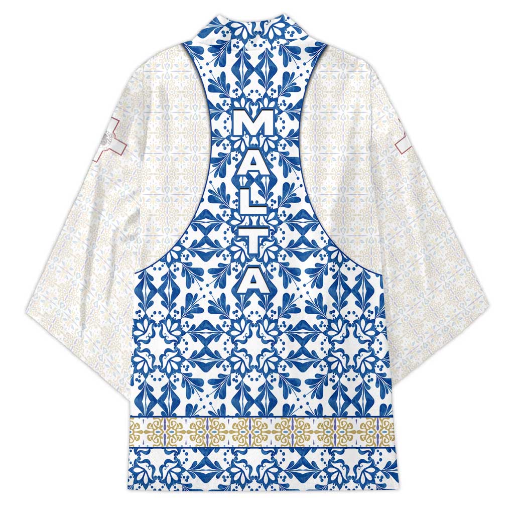 Malta Kimono with Blue White Tile Design and Maltese Cross Pattern - Wonder Print Shop