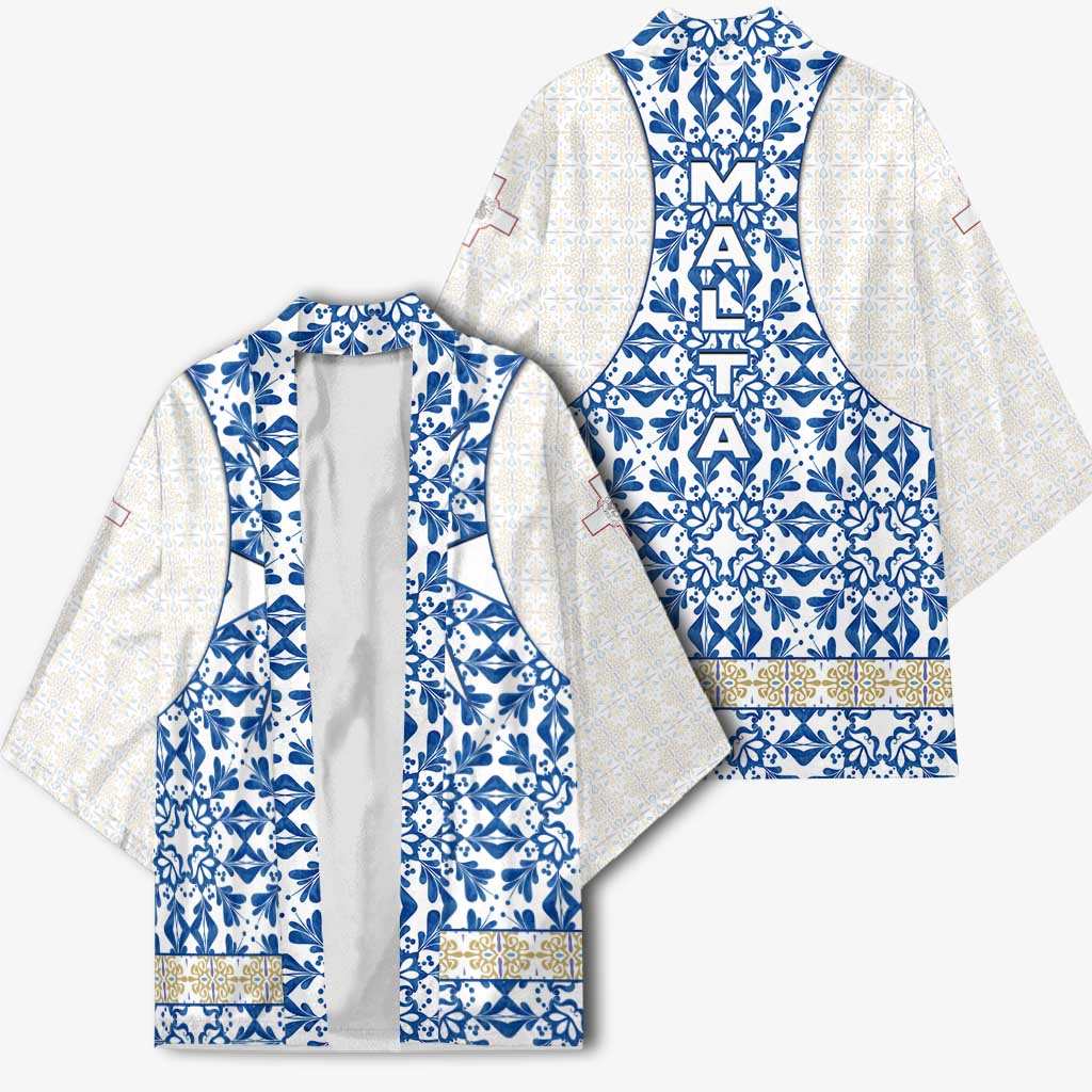 Malta Kimono with Blue White Tile Design and Maltese Cross Pattern - Wonder Print Shop