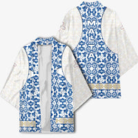 Malta Kimono with Blue White Tile Design and Maltese Cross Pattern - Wonder Print Shop