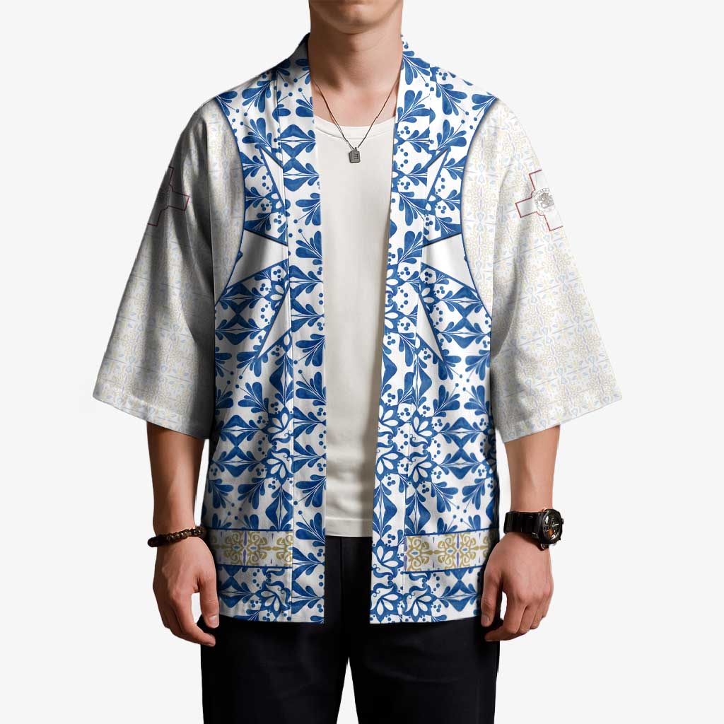 Malta Kimono with Blue White Tile Design and Maltese Cross Pattern - Wonder Print Shop