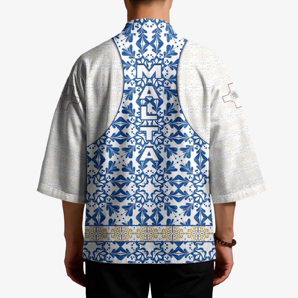 Malta Kimono with Blue White Tile Design and Maltese Cross Pattern - Wonder Print Shop