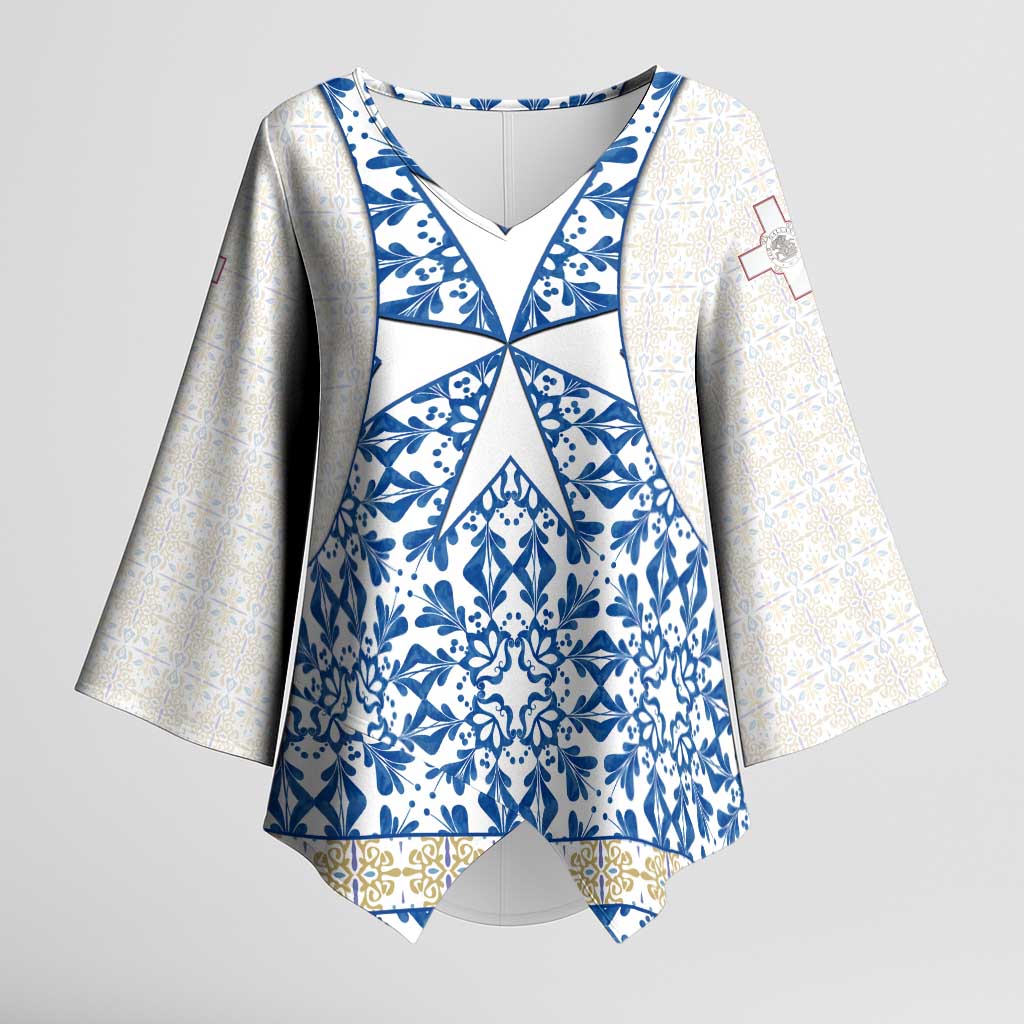 Malta Kimono Sleeve Blouse with Blue White Tile Design and Maltese Cross Pattern - Wonder Print Shop